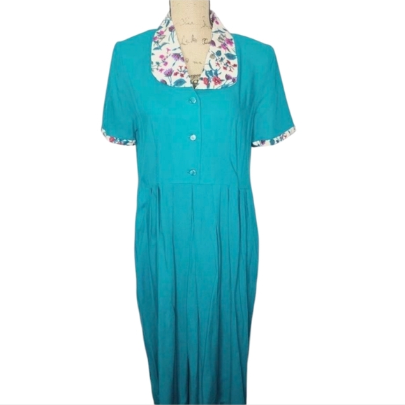 Vintage 60s 70s Teal Flower Print Bib Collar Grannycore Modest Dress - Picture 1 of 12